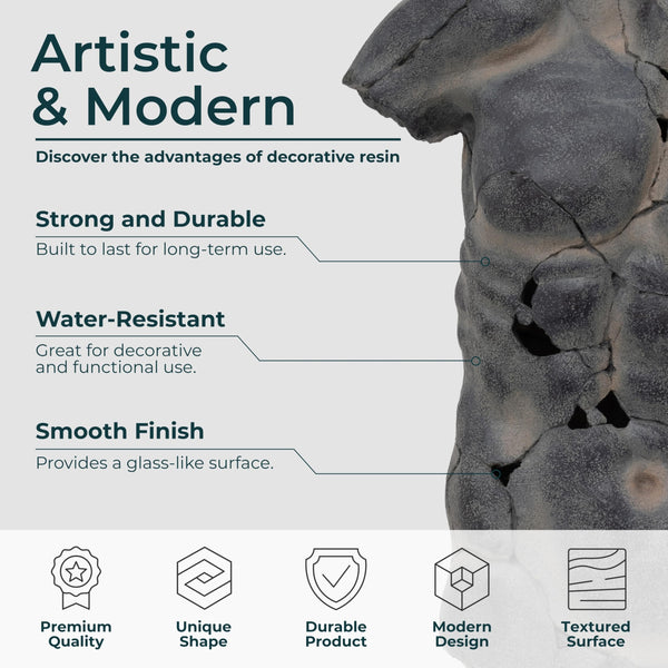 Modern Cracked Male Torso Sculpture – Polyresin Statue – 15"x9"x25"