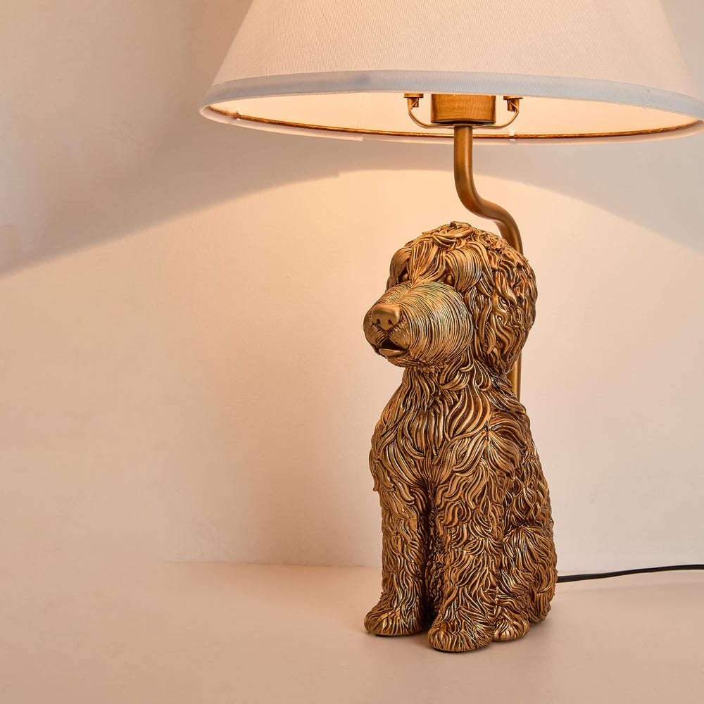 Resin Doodle Dog Table Lamp with Fabric Shade – Golden Sculptural Bedside Accent Light