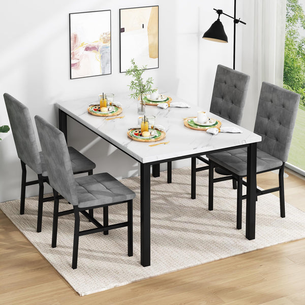 Faux Marble Dining Table Set for 4 with Velvet Chairs