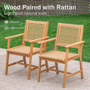 Acacia Wood Outdoor Dining Set with Wicker Chairs – Farmhouse Patio Table Set