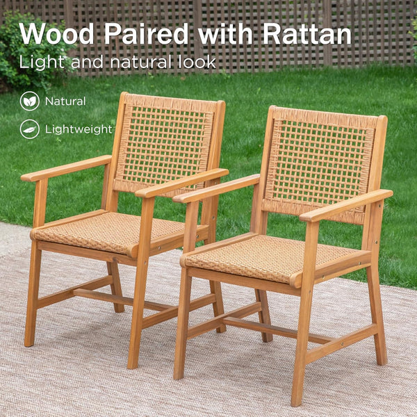 Acacia Wood Outdoor Dining Set with Wicker Chairs – Farmhouse Patio Table Set