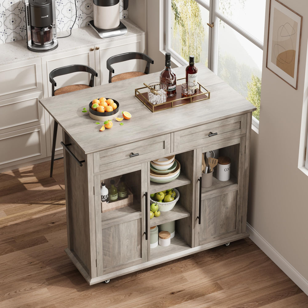 Rolling Kitchen Island with Storage, Drop Leaf & Towel Rack