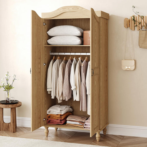 Arched Armoire Wardrobe Closet with 2 Doors & Hanging Rod — 71" H Freestanding Bedroom Cabinet