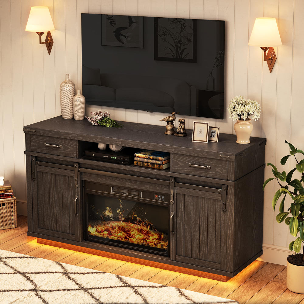 Farmhouse Fireplace TV Stand with LED Light & Sliding Barn Door