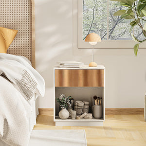 Modern Fluted Nightstand Set of 2 with Drawer and Open Shelf