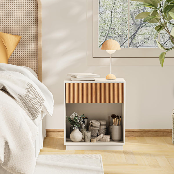 Modern Fluted Nightstand Set of 2 with Drawer and Open Shelf