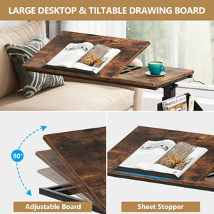 Height Adjustable C-Shaped End Table with Wheels & Tiltable Top