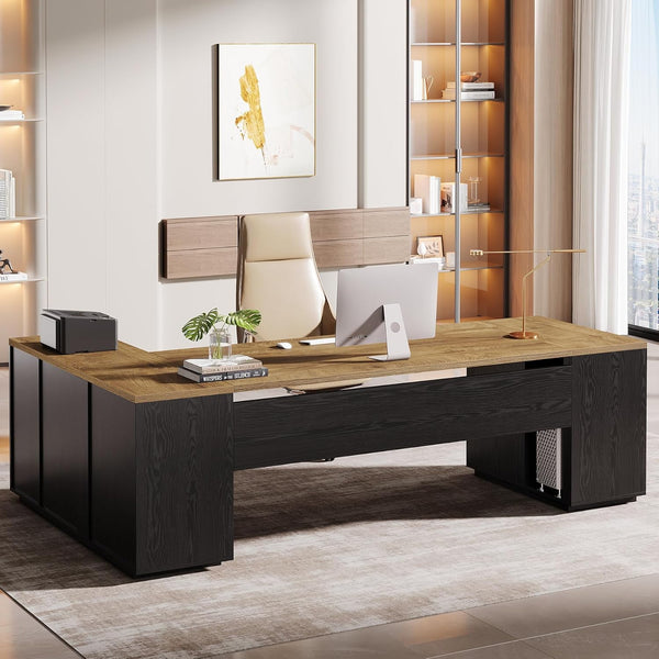 L-Shaped Executive Desk with File Drawers & Cabinet