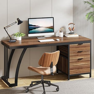 59-Inch Industrial Computer Desk with 3 Drawers and File Storage