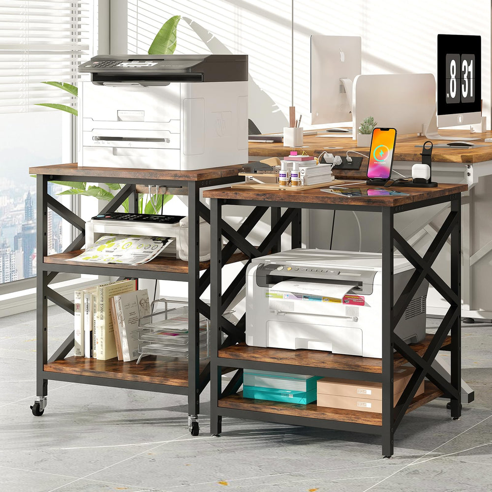3-Tier Rolling Printer Cart with Power Outlet & Adjustable Shelf