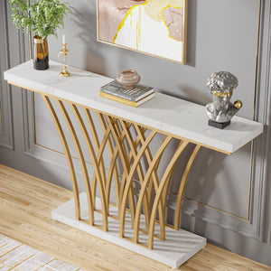 59-Inch Gold Console Table – White Faux Marble & Metal Base