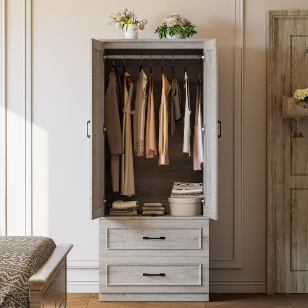 Freestanding Wardrobe Closet with 2 Doors and 2 Drawers – 70" H x 28" W