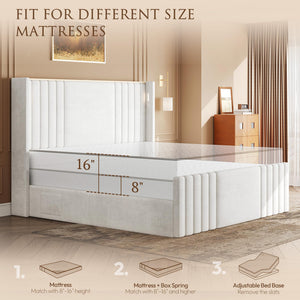 Queen Velvet Platform Bed with Wingback Headboard & Reading Lights