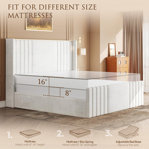 Queen Velvet Platform Bed with Wingback Headboard & Reading Lights