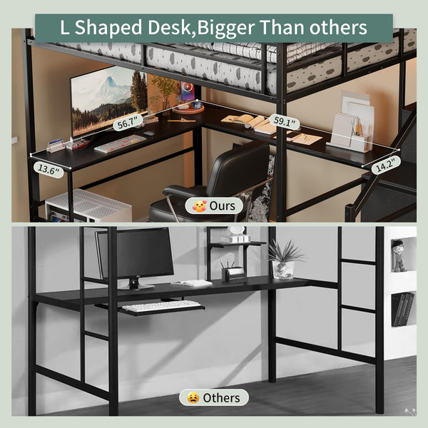 Full Size Metal Loft Bed with Desk, Storage & LED Light