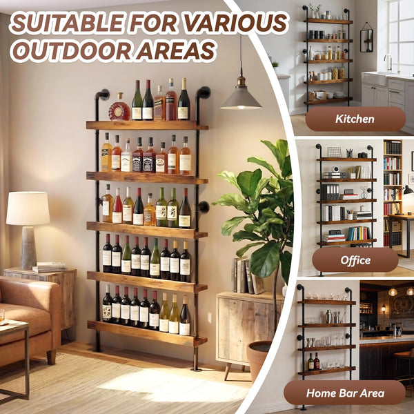 5-Tier Wall Mounted Wine Rack with Industrial Pipe Bar Shelves
