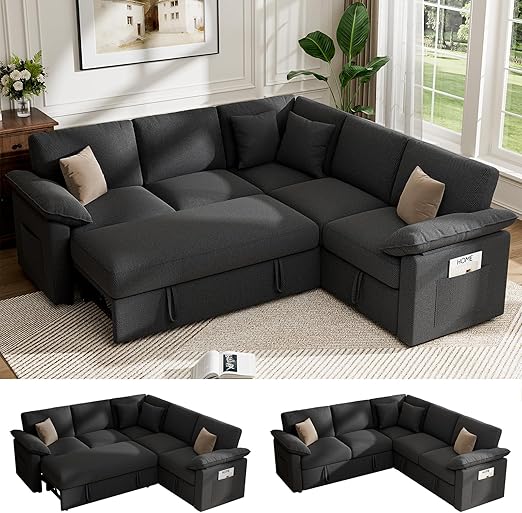 L-Shaped Sectional Sleeper Sofa with Pull-Out Bed and Storage