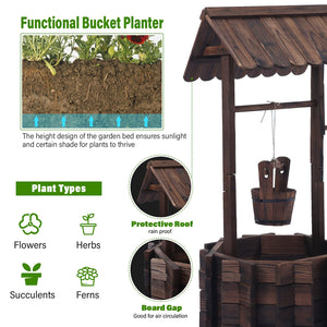 Rustic Wooden Garden Planter Wagon & Wishing Well