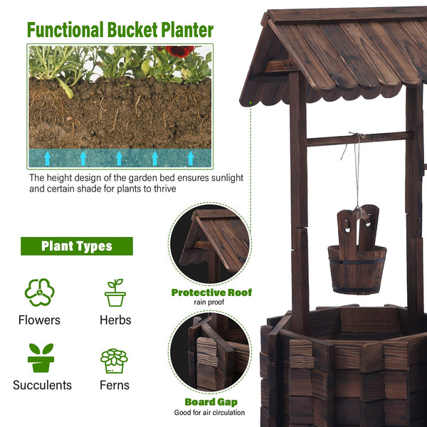 Rustic Wooden Garden Planter Wagon & Wishing Well