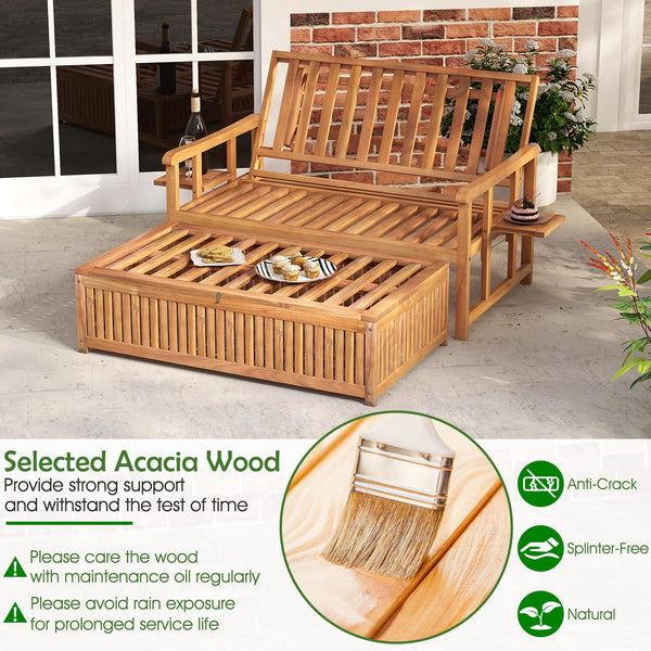 Acacia Wood Outdoor Daybed Set with Adjustable Backrest & Storage Ottoman