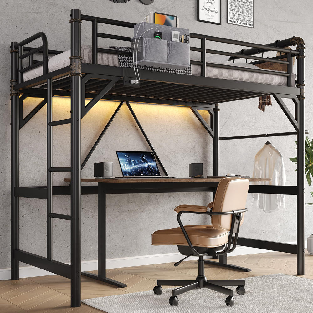 Twin Loft Bed with LED Lights & Charging Station