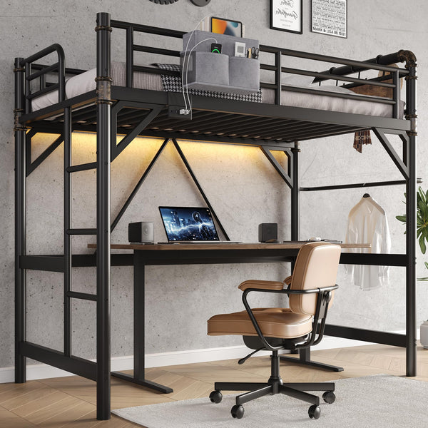 Twin Loft Bed with LED Lights & Charging Station