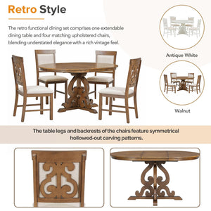 Extendable Round Dining Table Set for 4-6 with Upholstered Chairs