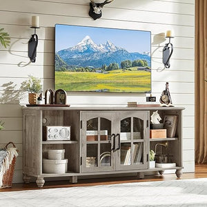 Farmhouse TV Stand with Glass Doors & Storage