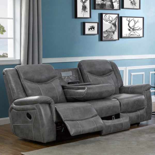 Grey Reclining Sofa with Power Outlet, Padded Headrests & Hidden Storage