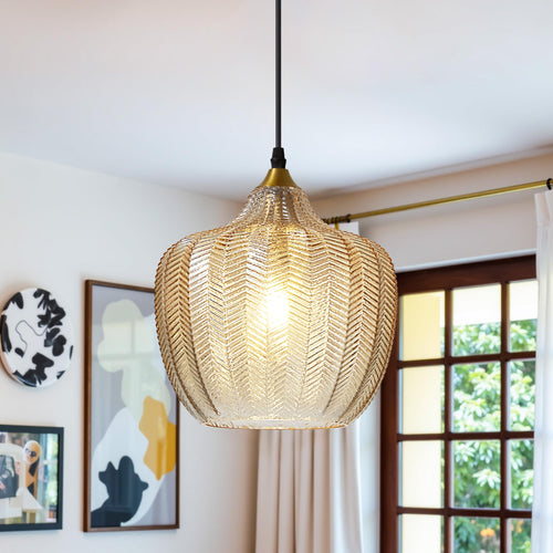 Amber Glass Pendant Light – Adjustable Gold Farmhouse Ceiling Fixture