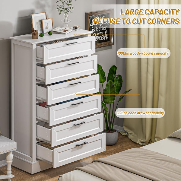 White 6-Drawer Tall Dresser – Modern Farmhouse Chest of Drawers