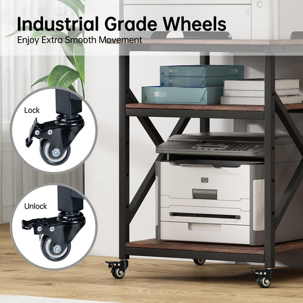 3-Tier Large Printer Stand with Height-Adjustable Shelf & Rolling Casters