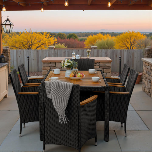 7-Piece Outdoor Patio Dining Set with Rattan Chairs & Acacia Wood Table