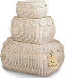 Scalloped Rattan Basket Set of 3 with Lids – Handwoven Nesting Storage Baskets