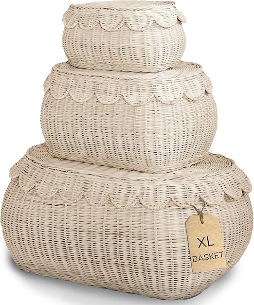 Scalloped Rattan Basket Set of 3 with Lids – Handwoven Nesting Storage Baskets