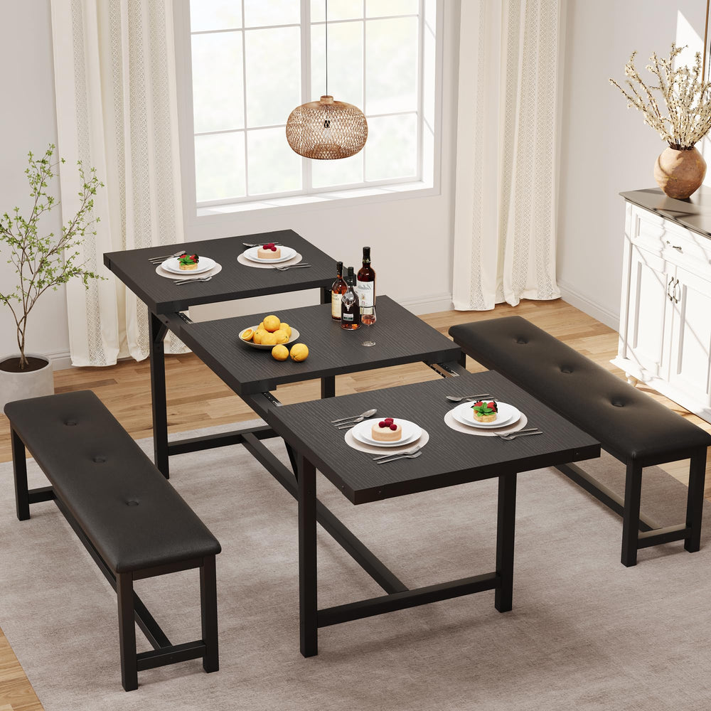 3-Piece Extendable Dining Table Set with 2 Upholstered Benches