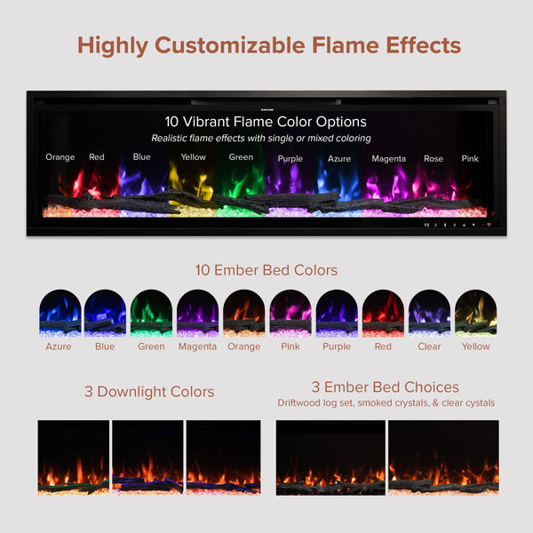 72-Inch Linear Electric Fireplace – Wall Mount & Recessed