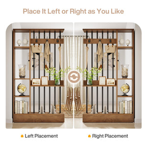 Modern Wood Room Divider with Open Shelves & Coat Hooks – Brown