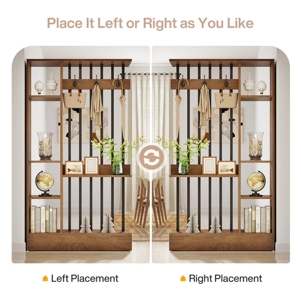 Modern Wood Room Divider with Open Shelves & Coat Hooks – Brown
