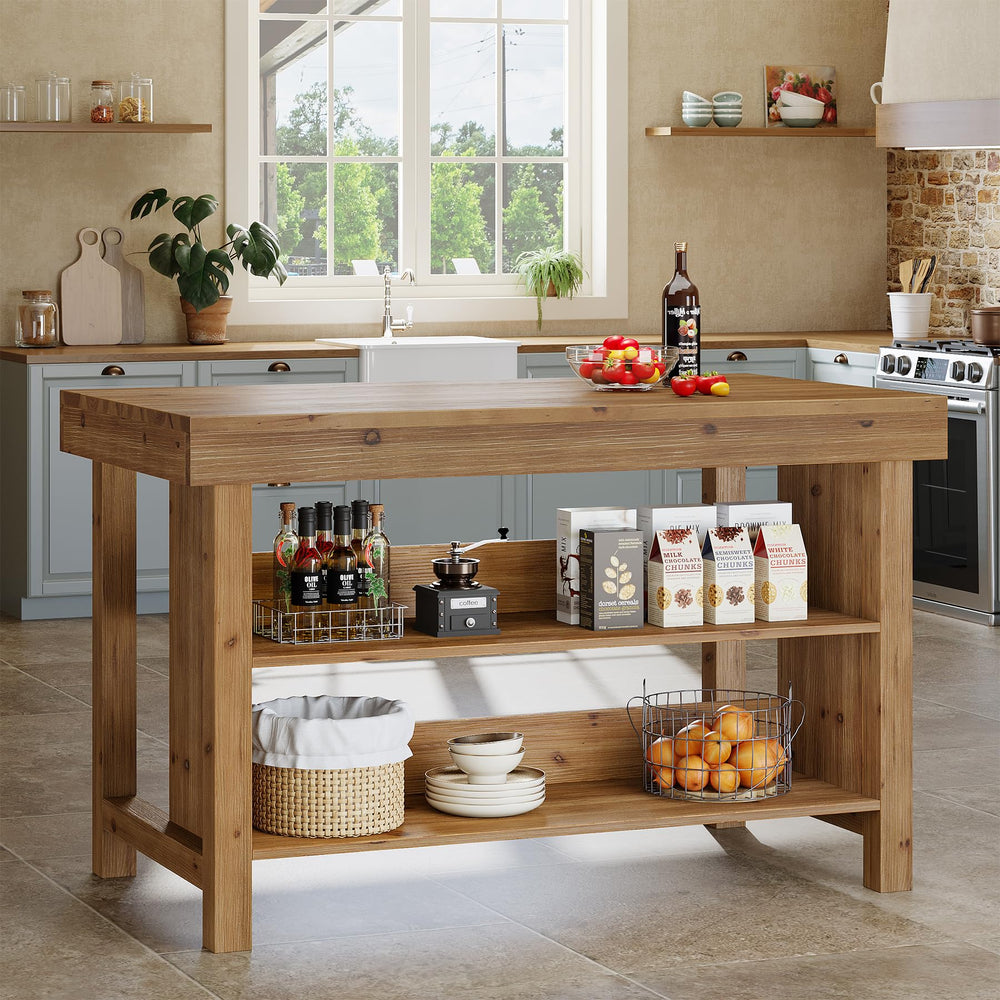 Solid Wood Kitchen Island with 3-Tier Open Shelves, 55 Inch Counter Height
