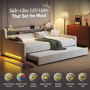Twin Daybed with Trundle, Upholstered Velvet Bed Frame, LED Night Light, Storage Headboard, USB Charging