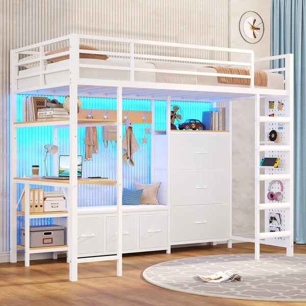 Twin Loft Bed with Desk, Storage & LED Lights