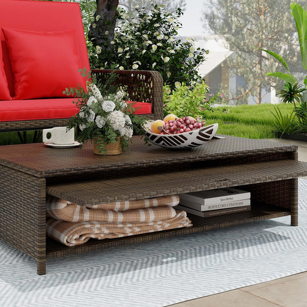 PE Rattan Double Chaise Lounge Set with Adjustable Back & Storage Ottoman