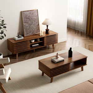 Furniway Mid Century Modern TV Stand for 50/55/60 inch TV, Entertainment Center with Storage & Sliding Door, Wood Media Console, TV Stand for Living Room, Bedroom, Walnut