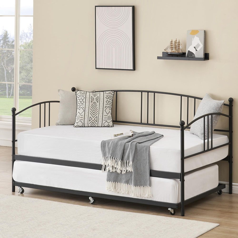 IDEALHOUSE Twin Daybed with Trundle, Metal Twin Size Daybed with Pullout Trundle 6 Casters, Steel Slat Support Sofa Bed for Living Room, Bedroom, Guest Room (Black)