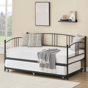IDEALHOUSE Twin Daybed with Trundle, Metal Twin Size Daybed with Pullout Trundle 6 Casters, Steel Slat Support Sofa Bed for Living Room, Bedroom, Guest Room (Black)
