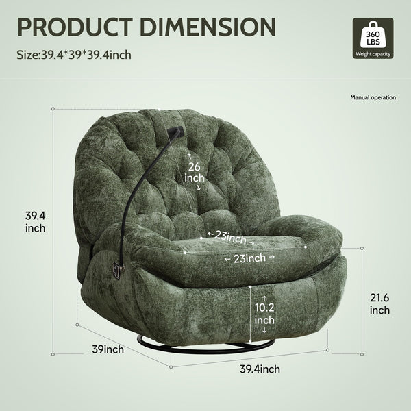 Oversized Swivel Rocker Recliner Chair with Phone Holder – Chenille Fabric, Green