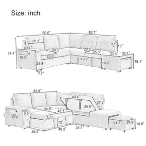 L-Shaped Modular Sectional Sofa with Storage Ottoman, USB Ports & Cup Holder