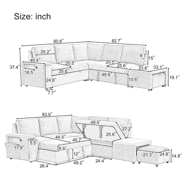 L-Shaped Modular Sectional Sofa with Storage Ottoman, USB Ports & Cup Holder