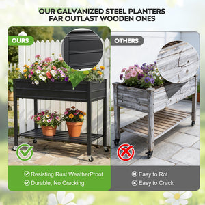 32" Tall Galvanized Raised Garden Bed with Wheels & Shelf